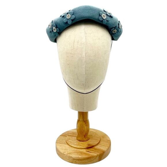 Vintage 1950s BB Ruth Velour Beret Hat Slate Blue Floral Applique Pearl Studded - Picture 5 of 16